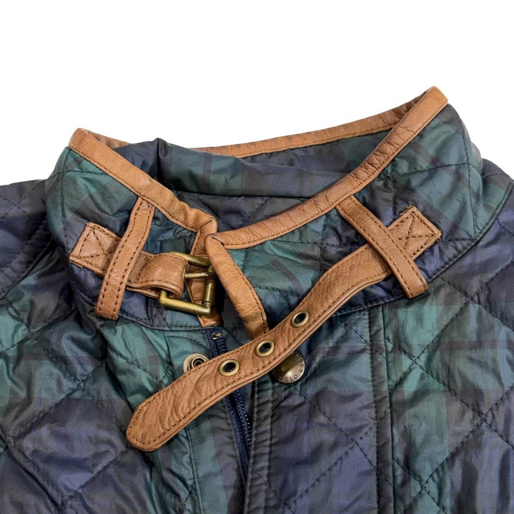 Polo Ralph Lauren Quilted‎ Jacket Womens L Navy Green Plaid Leather Trim - Picture 4 of 11